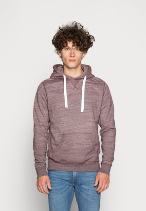 Heathered burgunderfarbener Kapuzenpullover aus weichem Material, mit einer Vordertasche, weißen Kordeln und gerippten Bündchen und Saum.