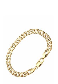 Zeltīta ķēdes aproce ar savītas saites un drošu aizdari. Virsma izceļas ar gludu, spīdīgu apdari.