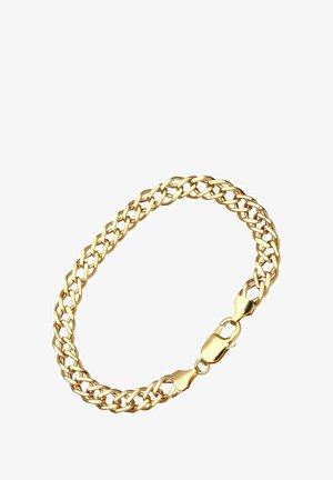 Guldkædearmbånd med sammenvævede led og en sikker lukning. Overfladen har en blank, poleret finish.