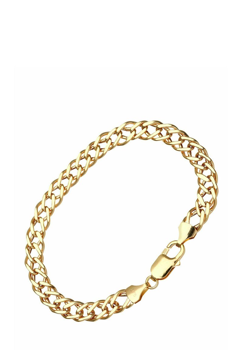 Zeltīta ķēdes aproce ar savītas saites un drošu aizdari. Virsma izceļas ar gludu, spīdīgu apdari.