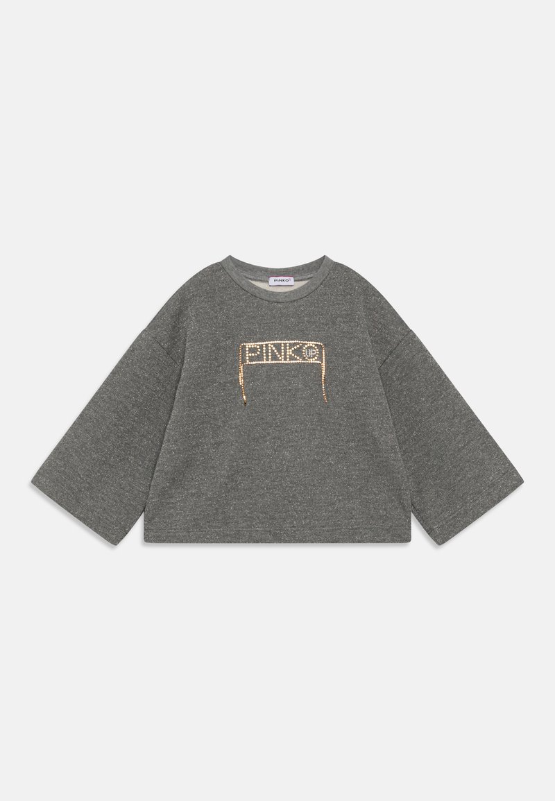 Felpa grigia a maniche larghe con collo rotondo. Presenta un design del logo in strass dorati sul davanti. Texture morbida.