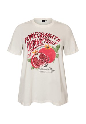 Hvid T-shirt med grafik af hel og halv granatæble, rød tekst "POMEGRANATE ORGANIC FRUIT" og grønne blade.