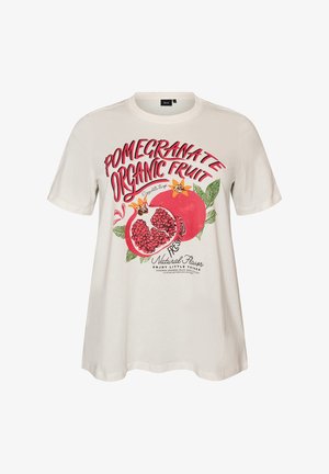 White T-shirt with graphic of whole and half pomegranate, red text "POMEGRANATE ORGANIC FRUIT," and green leaves.