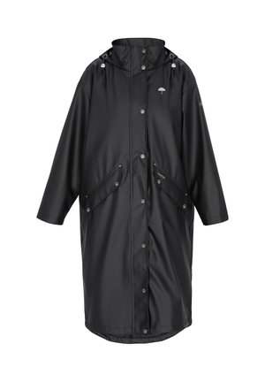 Fekete vízálló esőkabát kapucnival, elöl patentos gombokkal, húzózsinórokkal és ferdén elhelyezett zsebfedőkkel, mellrészen kis esernyő logóval.