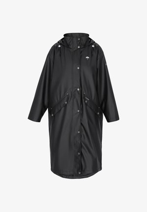 Fekete vízálló esőkabát kapucnival, elöl patentos gombokkal, húzózsinórokkal és ferdén elhelyezett zsebfedőkkel, mellrészen kis esernyő logóval.