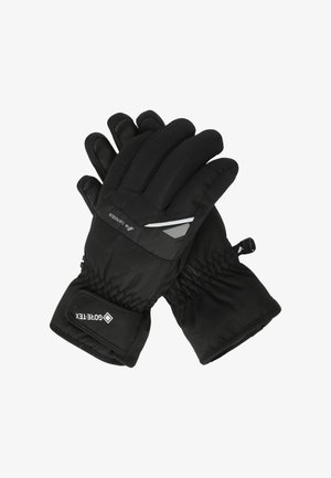 Sorte isolerede handsker med en blød overflade, elastiske manchetter og reflekterende detaljer. Har forstærkede håndflader og et tætsiddende design.