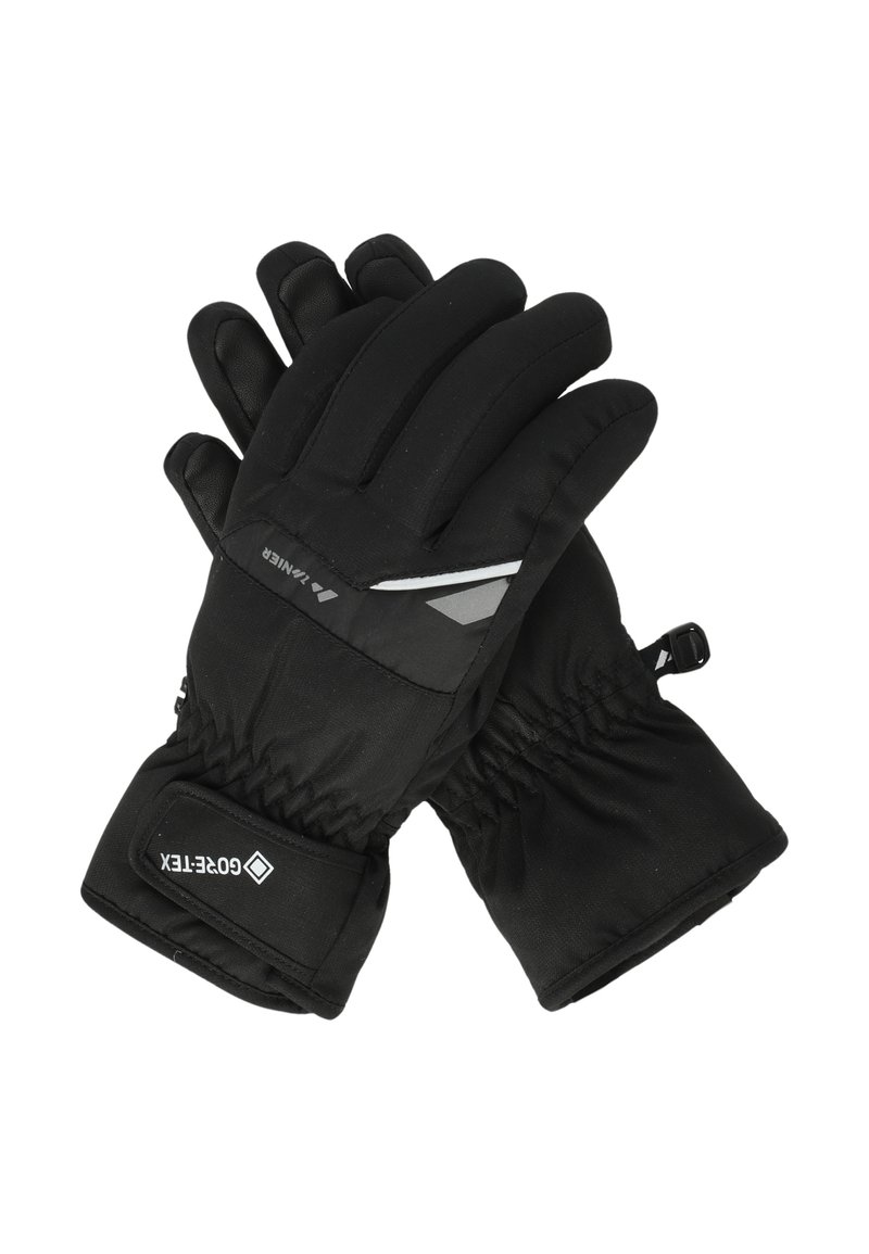 Svarta isolerade handskar med en mjuk ytteryta, elastiska manschetter och reflexdetaljer. Har förstärkta handflator och en snug fit-design.
