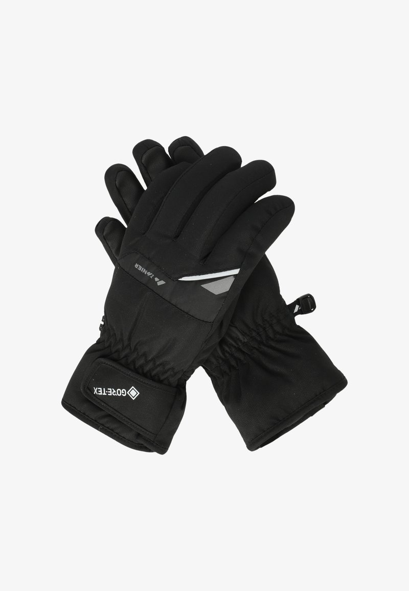 Svarta isolerade handskar med en mjuk ytteryta, elastiska manschetter och reflexdetaljer. Har förstärkta handflator och en snug fit-design.