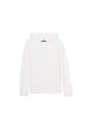 Weißer Kapuzenpullover mit langen Ärmeln, aus strukturiertem Stoff. Mit Kordeln am Hals und enganliegenden Bündchen. Einfaches Design.