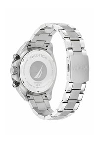 Orologio cronografo in acciaio inossidabile con finitura lucida, caratterizzato da una cassa rotonda argentata, vetro piatto e un bracciale in metallo a maglie.