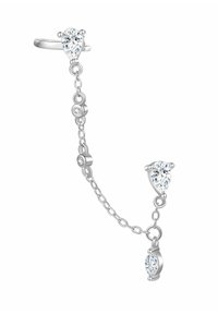 Srebrny pierścionek z dwoma gruszkowymi, przezroczystymi kamieniami. Zawiera okrągłe akcenty. Projekt łączy pierścionek z dolnym kolczykiem.