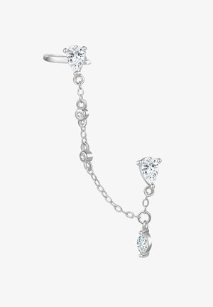 Silver chain ring with two pear-shaped, clear stones. Features circular accents. The design connects the ring to the lower earring.