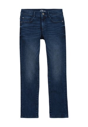 Donkerblauwe spijkerbroek met knoopsluiting aan de voorkant, riemlussen, en voor- en achterzakken, plat uitgespreid op een witte achtergrond.