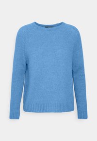 Maglione lavorato a maglia azzurro chiaro con scollo rotondo, polsini e orlo a costine. Caratterizzato da una consistenza morbida e maniche raglan.