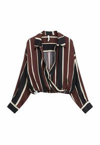 Camicia cropped a righe color marsala, nera e crema, con maniche lunghe e colletto, caratterizzata da un design avvolgente e orlo elasticizzato.