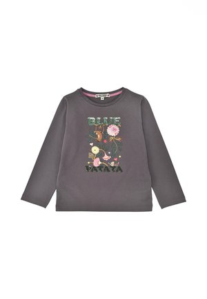 Gray long-sleeve shirt featuring colorful floral and animal graphics with the text "BLUE PATAYA," crafted from soft cotton material.