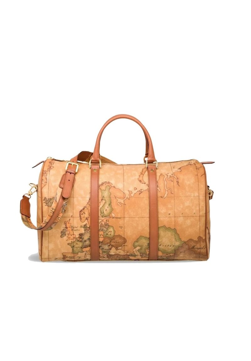 Ruskea nahkainen matkalaukku, jossa on vintage-tyylinen karttakuosi, vaaleanruskeita yksityiskohtia, kaksoiskahvat sekä säädettävä olkahihna.