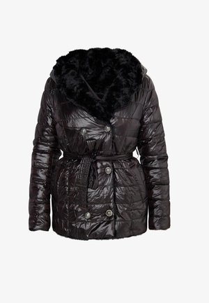 Black, quilted puffer jacket with a faux fur trimmed hood, double-breasted buttons, a belt at the waist, and ribbed accents.