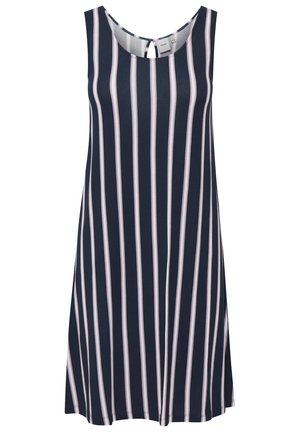 Robe sans manches navy avec des rayures verticales blanches et rose clair. Elle présente un col arrondi et une ouverture en forme de clé à l'arrière.