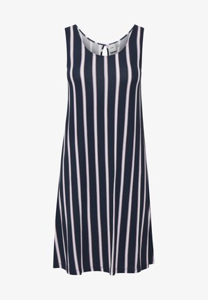 Sleeveless navy dress with white and light pink vertical stripes. Features a rounded neckline and a keyhole opening at the back.