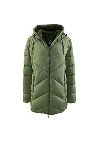 Olivegrüner Pufferjacke mit einem Chevron-Steppmuster, Reißverschluss vorne, verstellbare Kapuze und Seitentaschen. Glatte, weiche Textur.