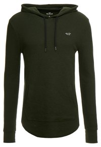 Grön huvtröja med långa ärmar, textilstruktur, framficka och dragsko. Litet logotyp på övre bröstet.