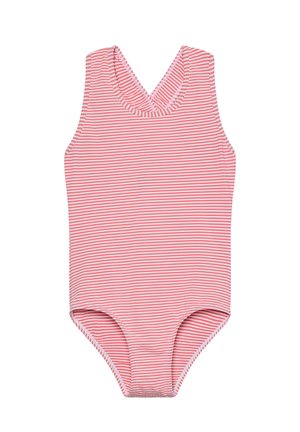 Maillot de bain sans manches rayé rouge et blanc avec un décolleté en V. Matière douce et extensible ; sans éléments métalliques ni ornements supplémentaires.