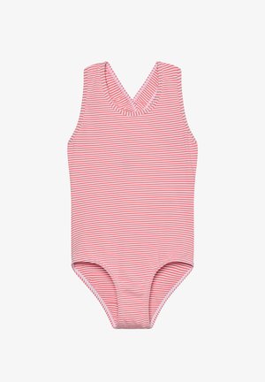 Rød- og hvidstribet ærmeløs badedragt med V-hals. Blødt, elastisk materiale; ingen ekstra hardware eller pynt.