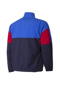 Blauwe en rode windbreaker jas met hoge kraag, met een kleurblokontwerp en elastische manchet, met een marineblauwe basis en lichtgewicht stof.