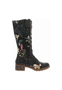 Botte noire jusqu'aux genoux avec des panneaux en tissu floral, un laçage à l'avant et un talon bloc. Présente une broderie détaillée et des accents en cuir contrastés.