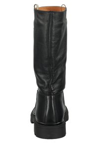 Black leather knee-high boots with a smooth texture, featuring a rounded toe and sturdy rubber soles, designed for durability and support.