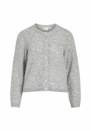 Grijze gebreide cardigan met een ronde hals, knoopsluiting, lange mouwen en een zachte, getextureerde afwerking. Regular fit en ribbelboord.