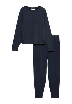 Sweat-shirt bleu marine foncé à manches longues et pantalon de jogging assorti avec poignets élastiques, posés à plat sur un fond blanc.