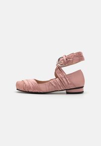 Pink satin ballet flats with gathered detailing, ankle strap, and metallic buckle; features a low, rounded heel and smooth sole.