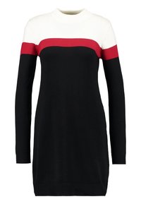 Gebreide sweaterjurk met een zwarte basis, een witte vleugelnek en rode horizontale strepen over de schouders. Lange mouwen en geribbelde zoom.