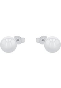 Pendientes de perlas blancas en forma redonda y suave. Montados en un soporte de metal tono plata para un uso seguro. Diseño elegante y clásico.