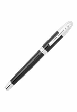 Black ballpoint pen with a smooth finish, silver accents, and a rounded cap. Features a clip for attaching to notebooks or pockets.