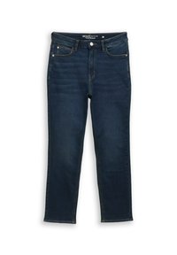 Tumedat sinise värvi slim-fit denim püksid, millel on ees nupp, taskud ja kerged kulumise detailid, lamavad valgel taustal.