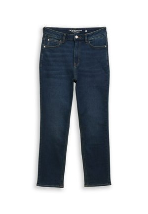 Donkerblauwe slim-fit spijkerbroek met een knoop aan de voorkant, zakken en subtiele vervagingdetails, plat neergelegd op een witte achtergrond.