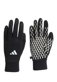 Sorte handsker med et hvidt mønstret greb på håndfladerne, lavet af et strækbart stof med en tætsiddende manchet. Inkluderer Adidas-logo på håndleddet.