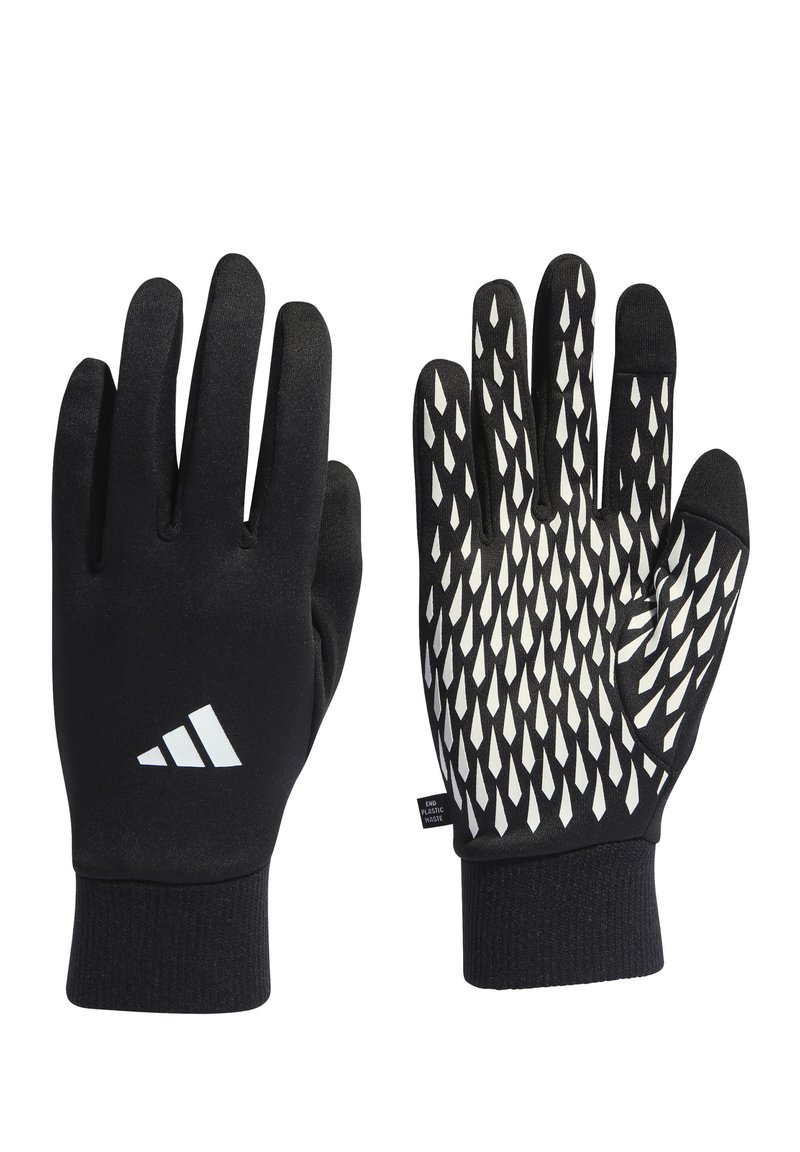 Sorte handsker med et hvidt mønstret greb på håndfladerne, lavet af et strækbart stof med en tætsiddende manchet. Inkluderer Adidas-logo på håndleddet.