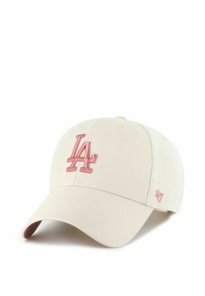Beige Baseballkappe mit gebogenem Schirm, vorne mit pink gesticktem "LA"-Logo und seitlich mit "'47".