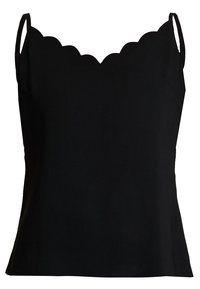 Débardeur noir avec un décolleté festonné, fines bretelles, coupe ajustée et texture lisse. Confectionné dans un tissu doux et extensible.