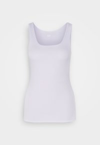 White ribbed tank top with a square neckline and thick shoulder straps. Smooth texture with a fitted design and no visible embellishments.