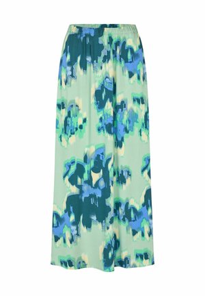 Ein knielanger Rock aus mintgrünem Stoff mit einem abstrakten blauen und grünen Muster, ausgestattet mit einem elastischen Bund für einen bequemen Sitz.