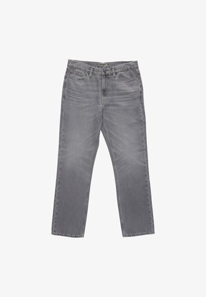 Gray straight-leg jeans with faded texture, five pockets, and a zip fly. Made of denim, featuring minimal stitching and a classic design.