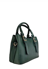 Borsa a mano verde in pelle con due manici corti, dettagli in metallo dorato, forma strutturata e cuciture decorativi sui lati.