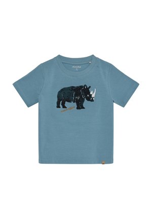 Blue cotton short-sleeve t-shirt featuring a black rhinoceros graphic with white horn and orange text below. Simple crew neckline and hemmed sleeves.
