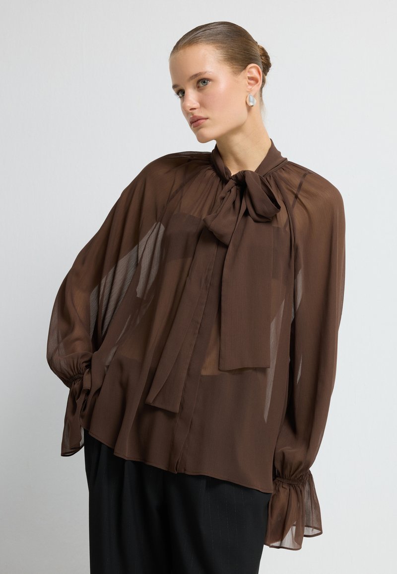 Braune transparente Bluse mit einem Schleifenkragen, voluminösen Ärmeln und engen Bündchen; leichtes Material mit weicher Textur.