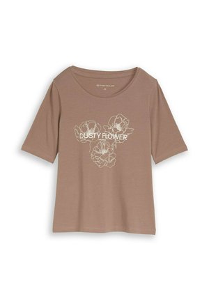 Tricou maro cu mâneci scurte și guler rotund, cu modele de flori conturate în alb și textul „DUSTY FLOWER” în față.